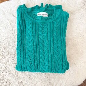 Vintage Jennifer Moore Teal Cable Knit Cotton Sweater Women's Size L Crewneck
